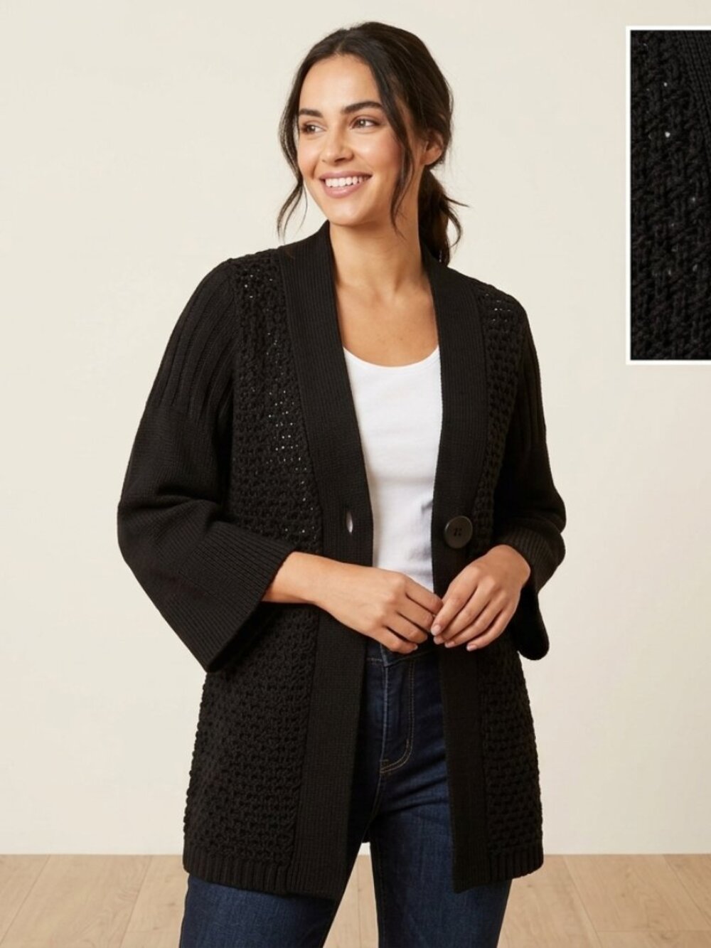 J. Jill Black Waffle Knit Roll Collar Cardigan, Size Large